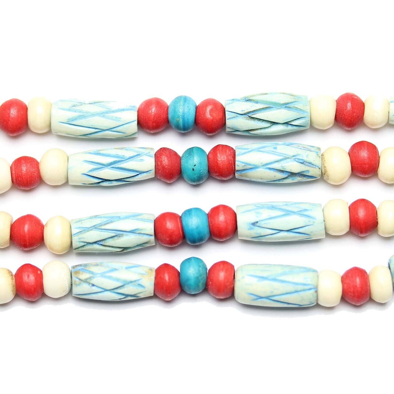 Dyed Carved Bone Beads Blue & Red Mixed Tube 7x10mm & Rondell 5x6mm